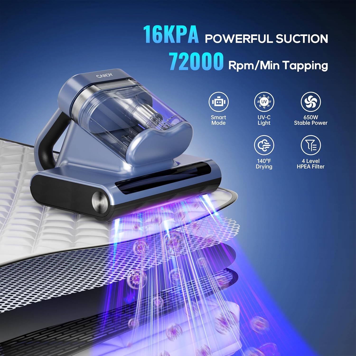 CNC 16KPA POWERFUL SUCTION 72000 Rpm/Min Tapping  
UV - Smart Mode  
UV-C Light  
650W Stable Power  
140°F Drying  
4 Level HPEA Filter