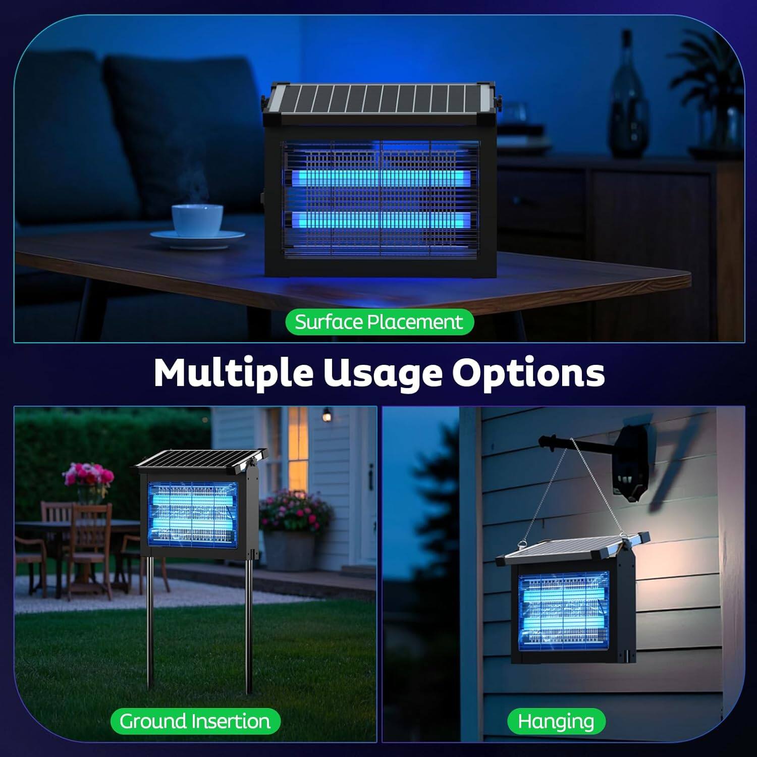 Multiple Usage Options

- Surface Placement
- Ground Insertion
- Hanging