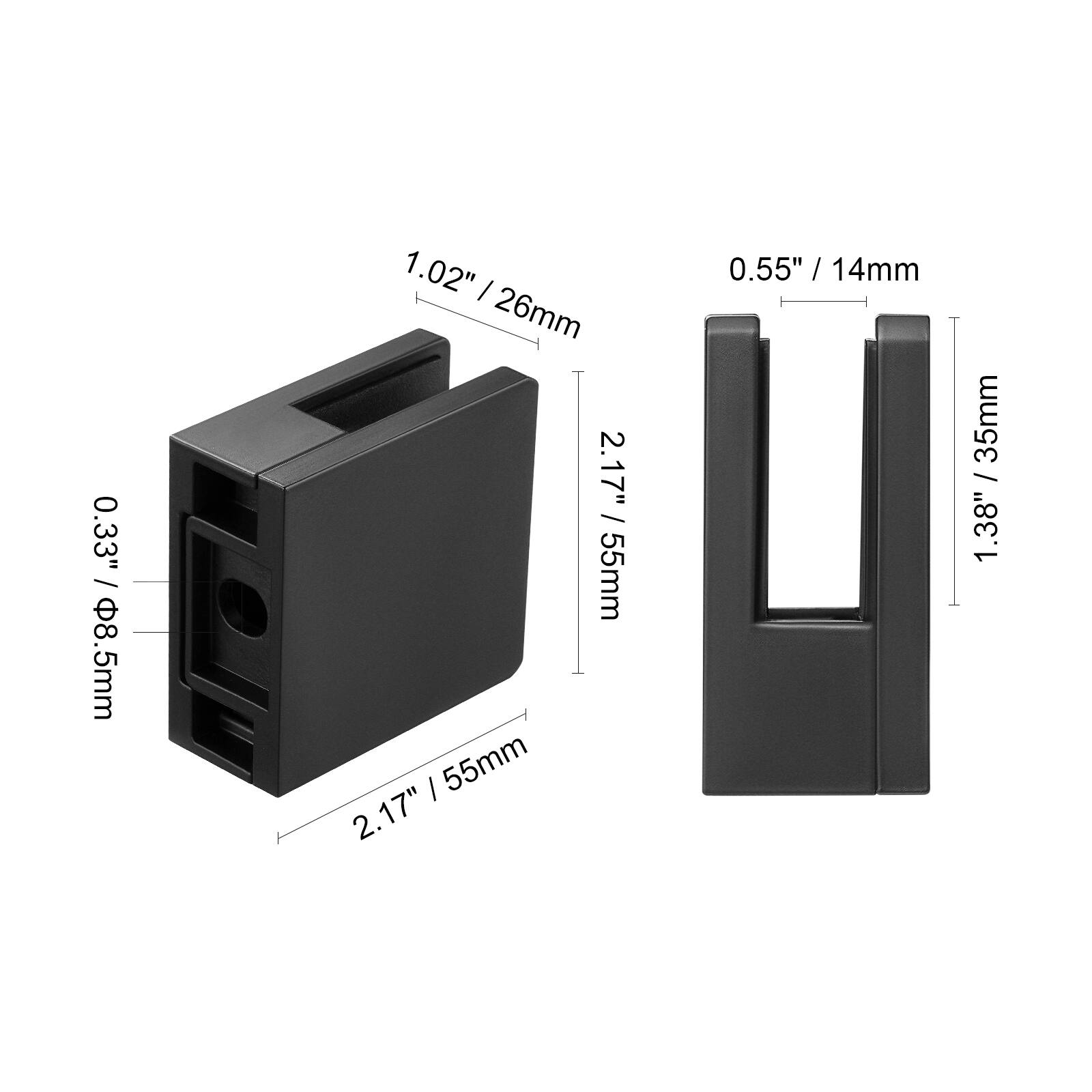 0.33" / 8.5mm  
1.02" / 26mm  
2.17" / 55mm  
0.55" / 14mm  
1.38" / 35mm