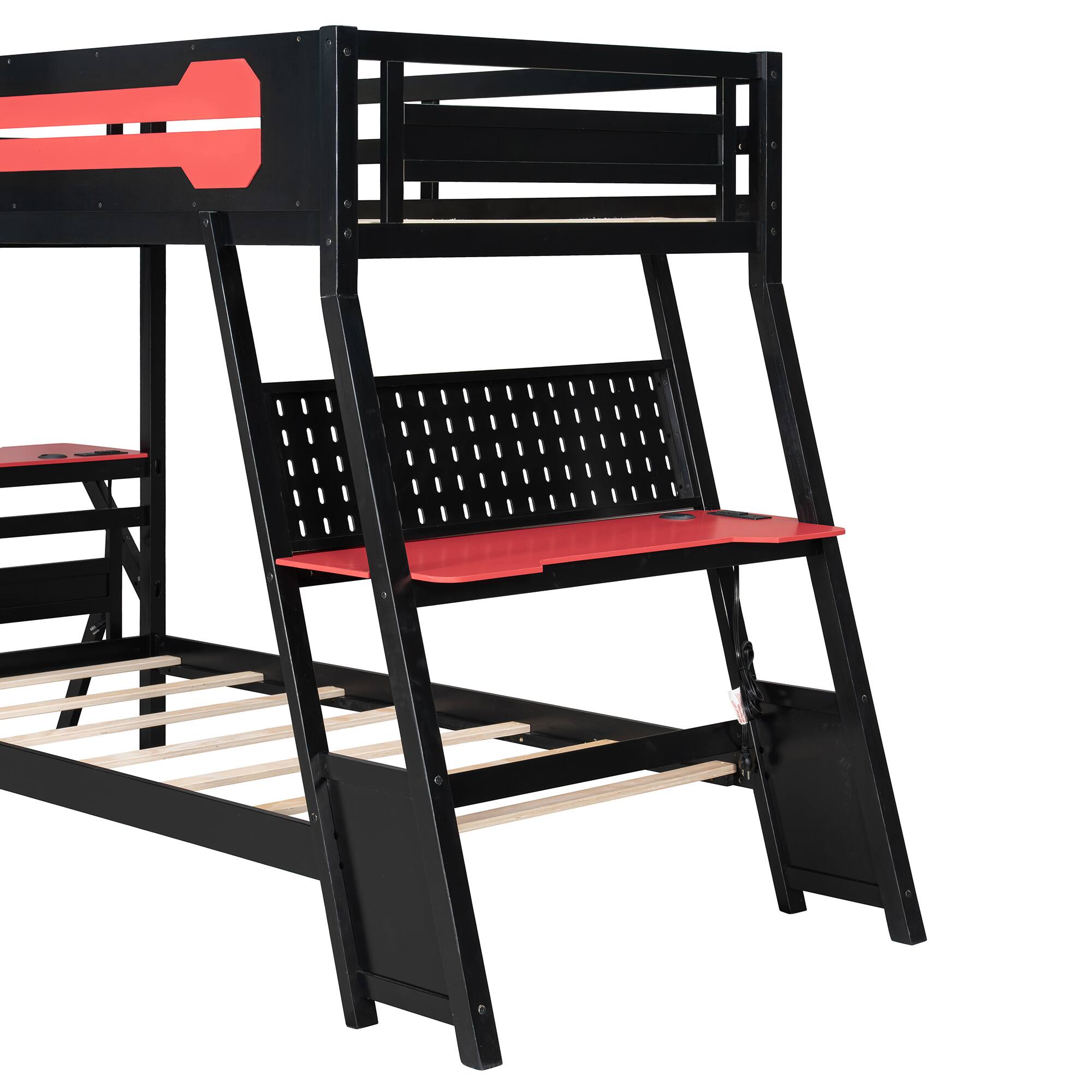 Alt View 5. Anysun - Twin Size Bunk Bed with Two Built-In Gaming Desks, USB Desktop Ports & Pegboard Organizer, Gaming Bunk Frame for Gamer - Red.