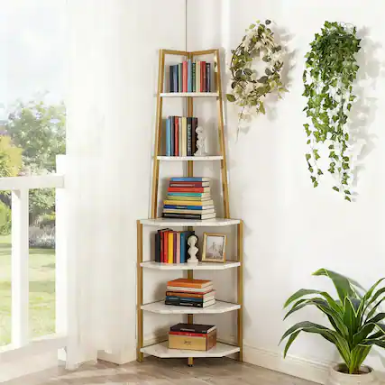 Front. Vecelo - 6-Tier Tall Corner Shelf Unit, Rustic Industrial Bookshelf with Sturdy MDF and Metal Frame, Space-Saving Organizer - Gold.