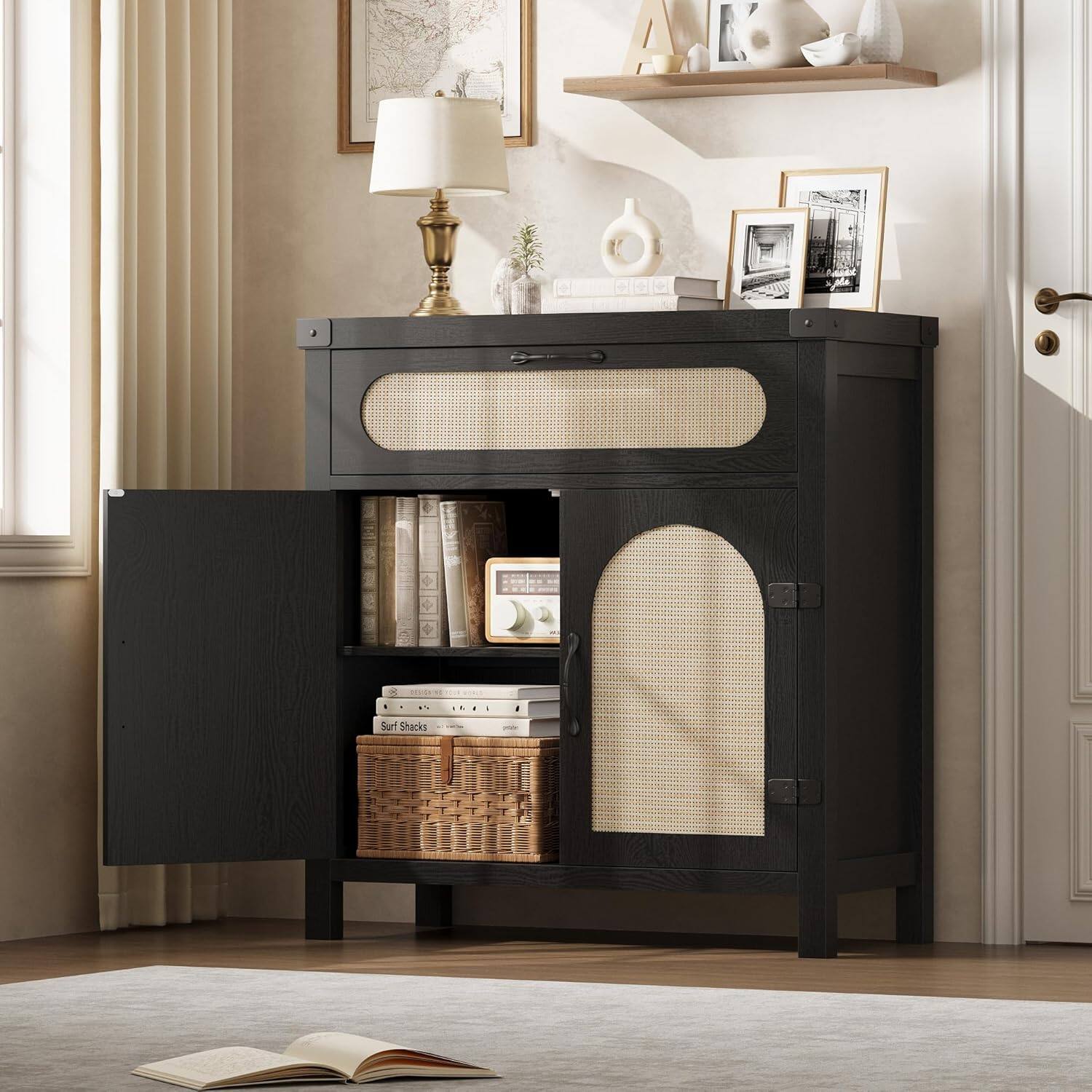 Sure, here is the corrected and grouped text from the image:

**Top Shelf:**
- "A"

**Middle Shelf:**
- "Surf Shack"

**Bottom Shelf:**
- "Surf Shack"
- "Reinvented with"
- "Design"

**Books:**
- "Reinvented with Design"

**Other Text:**
- "Surf Shack" (on the wicker basket)