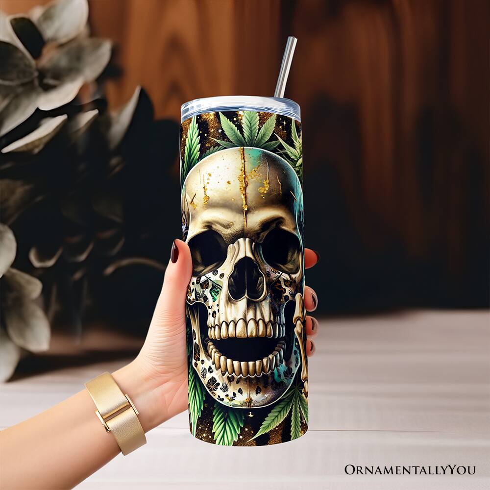 Left. OrnamentallyYou - Leopard Skull Weed 20oz Tumbler With Lid and Stainless Steel Straw, Gothic Gift Cup - Multicolored.