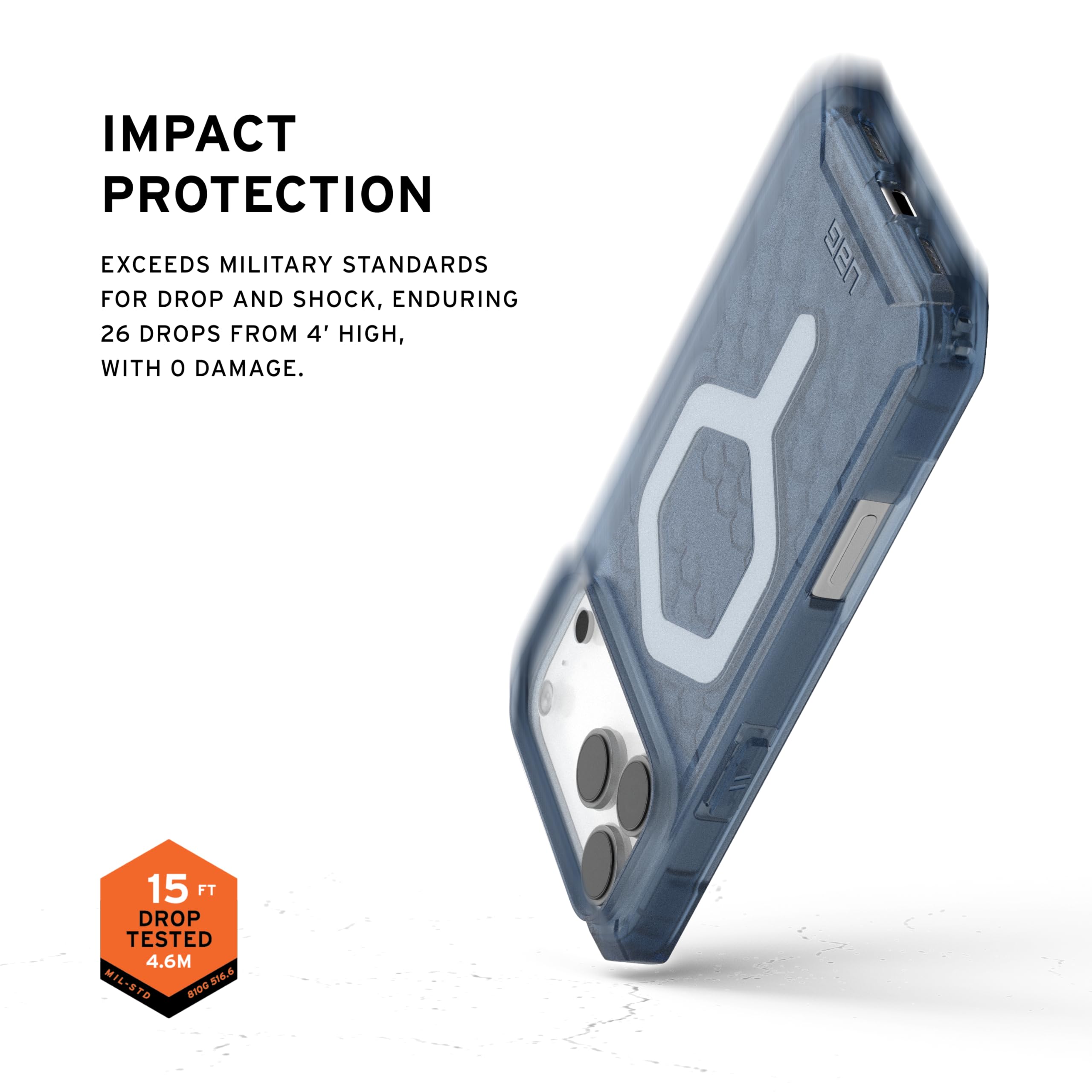 IMPACT PROTECTION

EXCEEDS MILITARY STANDARDS FOR DROP AND SHOCK, ENDURING 26 DROPS FROM 4' HIGH, WITH 0 DAMAGE.

15 FT DROP TESTED 4.6M - MIL-STD 810G
