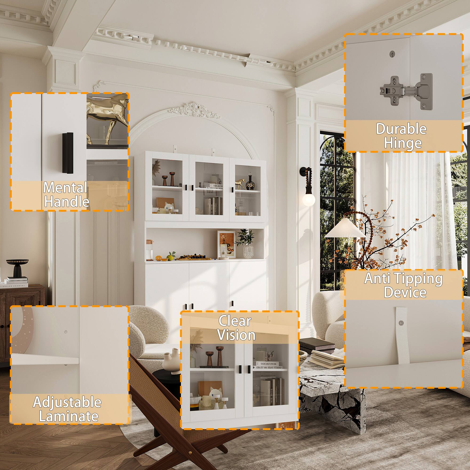 - Mental Handle
- Durable Hinge
- Anti Tipping Device
- Clear Vision
- Adjustable Laminate