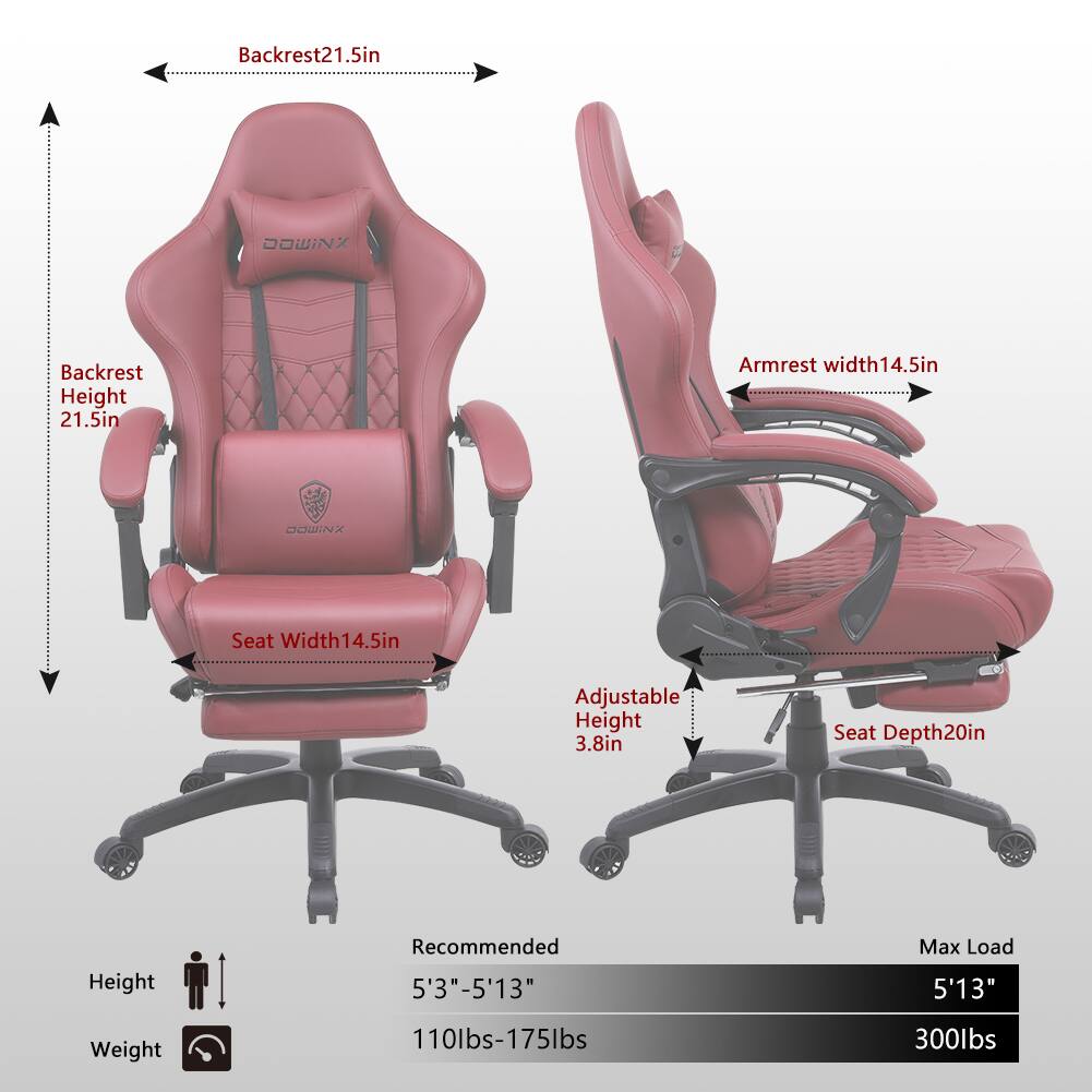 Backrest: 21.5in  
Backrest Height: 21.5in  
Armrest Width: 14.5in  
Seat Width: 14.5in  
Adjustable Height: 3.8in  
Seat Depth: 20in  
Recommended Height: 5'3" - 5'13"  
Max Load Height: 5'13"  
Weight Capacity: 110lbs - 175lbs  
Max Load: 300lbs