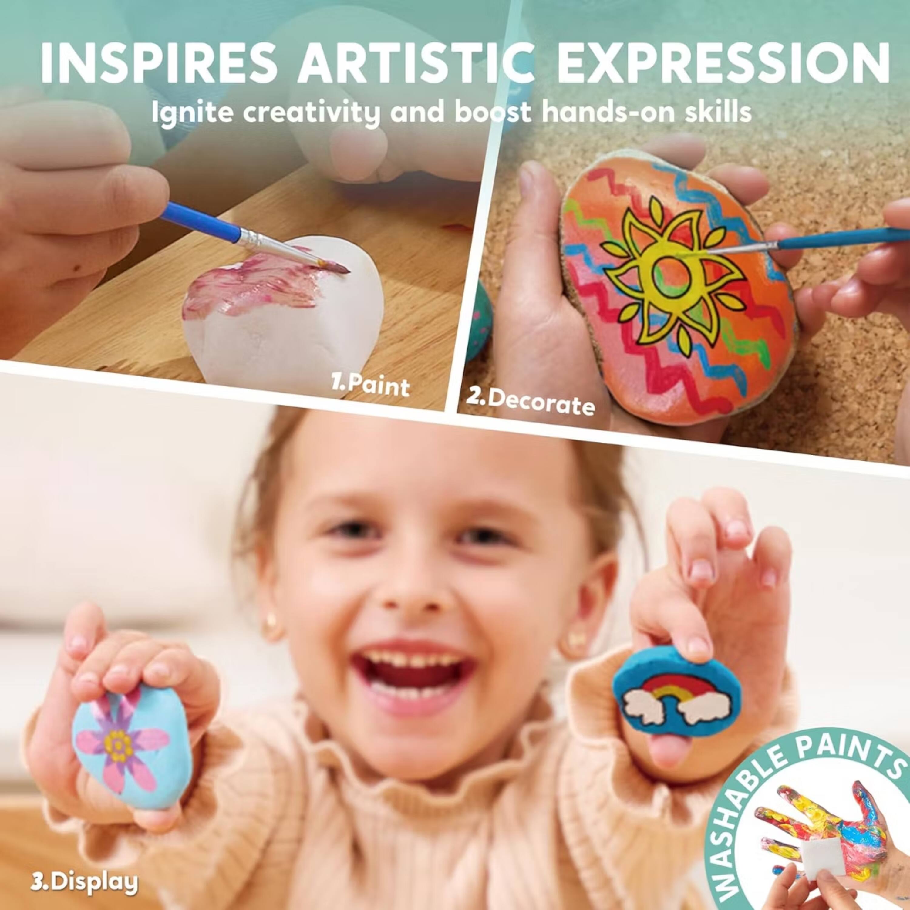 INSPIRES ARTISTIC EXPRESSION  
Ignite creativity and boost hands-on skills

1. Paint  
2. Decorate  
3. Display

WASHABLE PAINTS