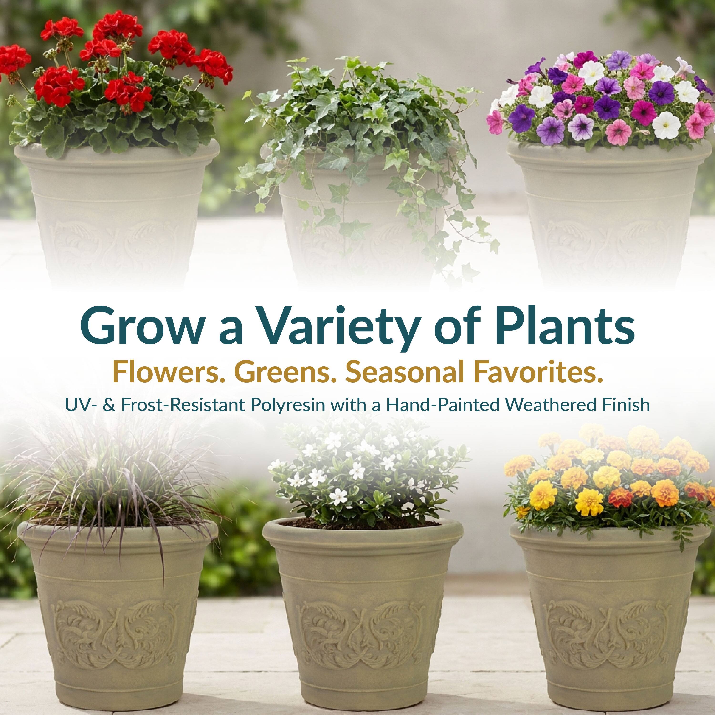 Grow a Variety of Plants  
Flowers. Greens. Seasonal Favorites.  
UV- & Frost-Resistant Polyresin with a Hand-Painted Weathered Finish