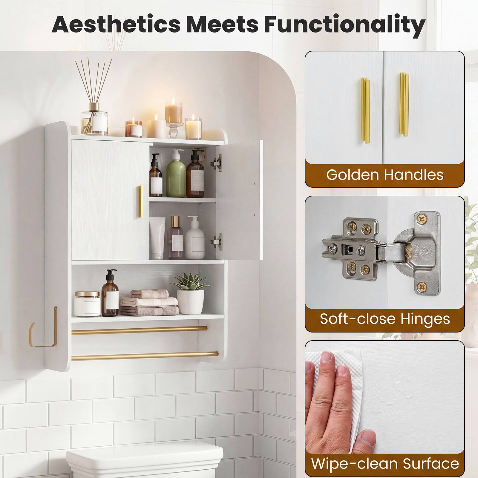 Aesthetics Meets Functionality

- Golden Handles
- Soft-close Hinges
- Wipe-clean Surface