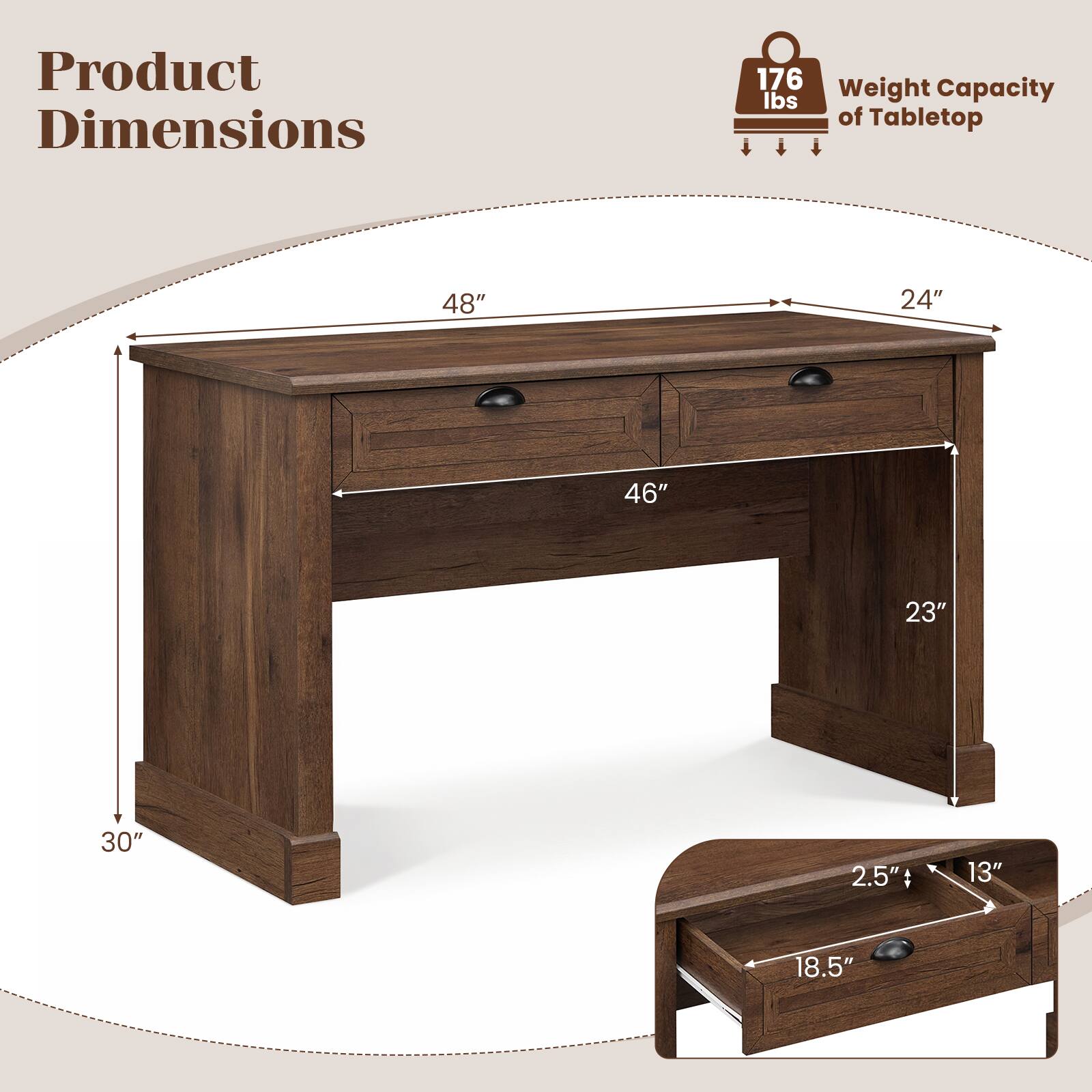 Product Dimensions

176 lbs Weight Capacity of Tabletop

48"  
24"  
46"  
23"  
30"  
2.5"  
13"  
18.5"