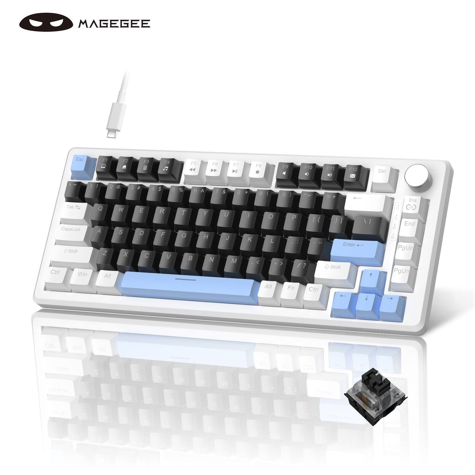 MageGee - 75% Mechanical Gaming Keyboard, Compact Blue Backlit Wired Black Switches, EVA Foam, Knob Control, Black & Blue - Black/White/Blue