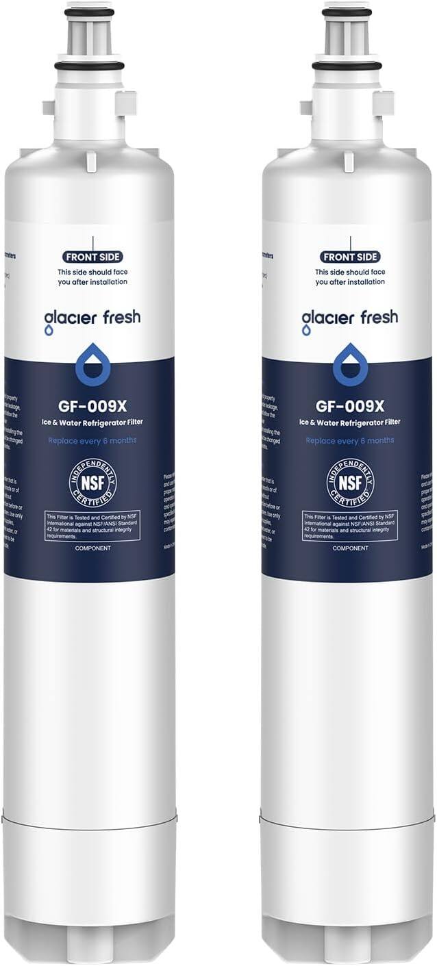 FRONT SIDE  
This side should face you after installation

alacier fresh

GF-009X  
Ice & Water Refrigerator Filter  
Replace every 6 months

NSF CERTIFIED  
This Filter is Tested and Certified by NSF International against NSF/ANSI Standard 42 for materials and structural integrity

COMPONENT