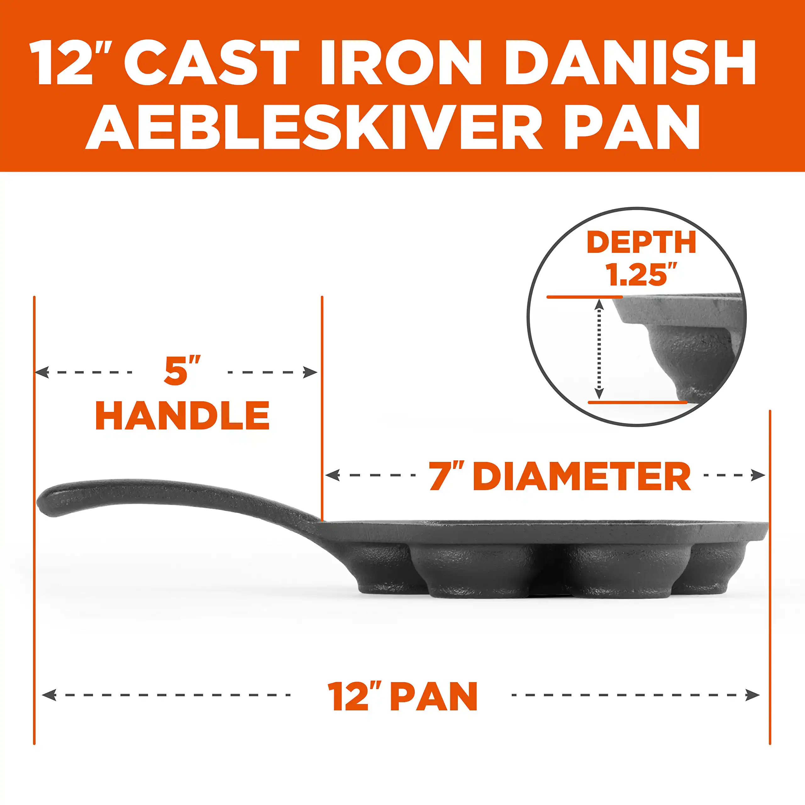 12" CAST IRON DANISH AEBLESKIVER PAN
DEPTH 1.25"
5" HANDLE
7" DIAMETER
12" PAN