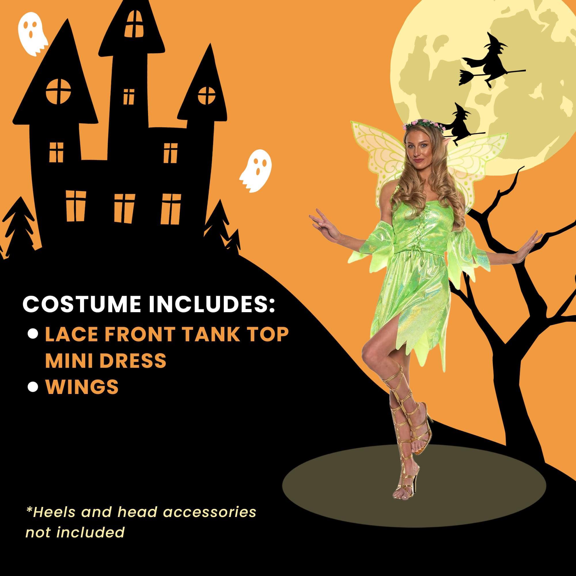 COSTUME INCLUDES:  
- LACE FRONT TANK TOP  
- MINI DRESS  
- WINGS  

*Heels and head accessories not included