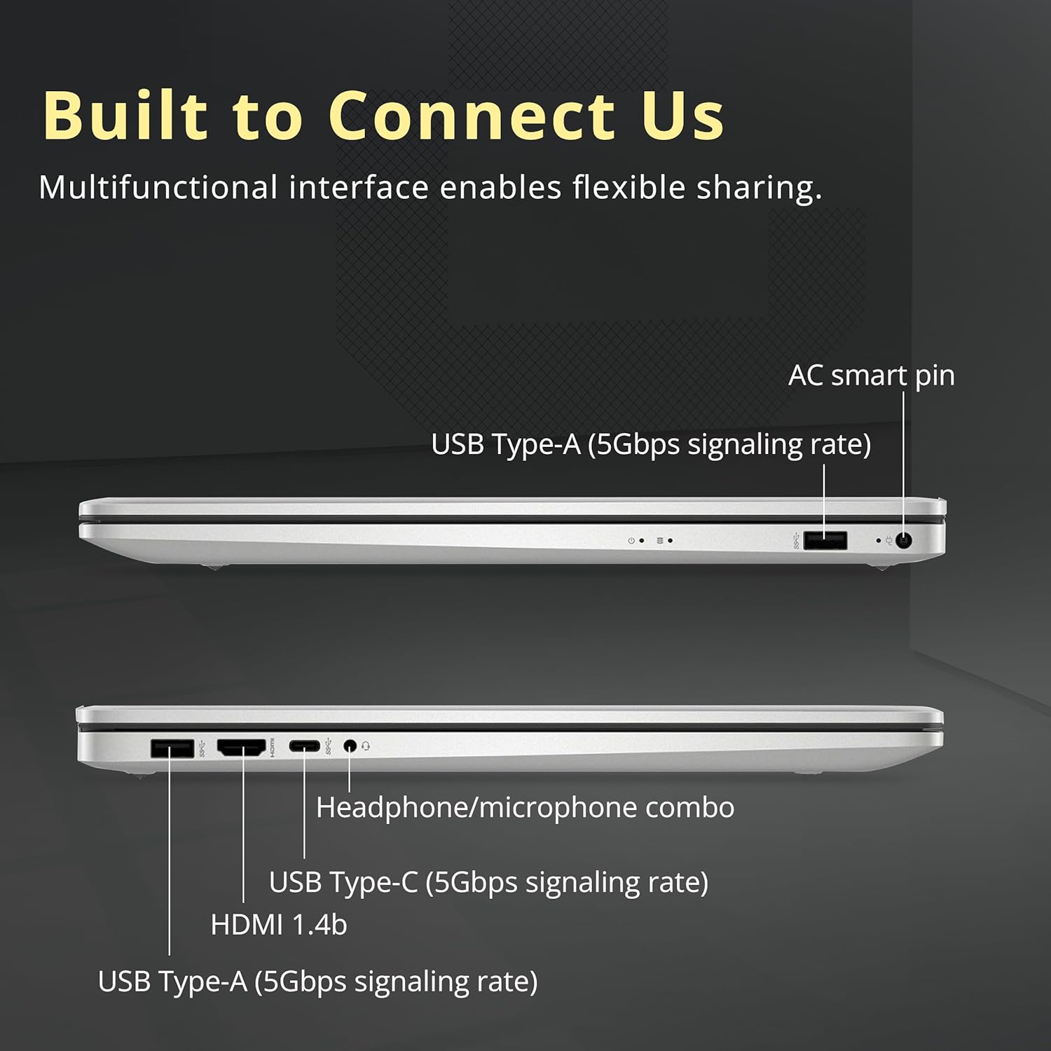 Built to Connect Us
Multifunctional interface enables flexible sharing.

AC smart pin
USB Type-A (5Gbps signaling rate)
Headphone/microphone combo
USB Type-C (5Gbps signaling rate)
HDMI 1.4b
USB Type-A (5Gbps signaling rate)