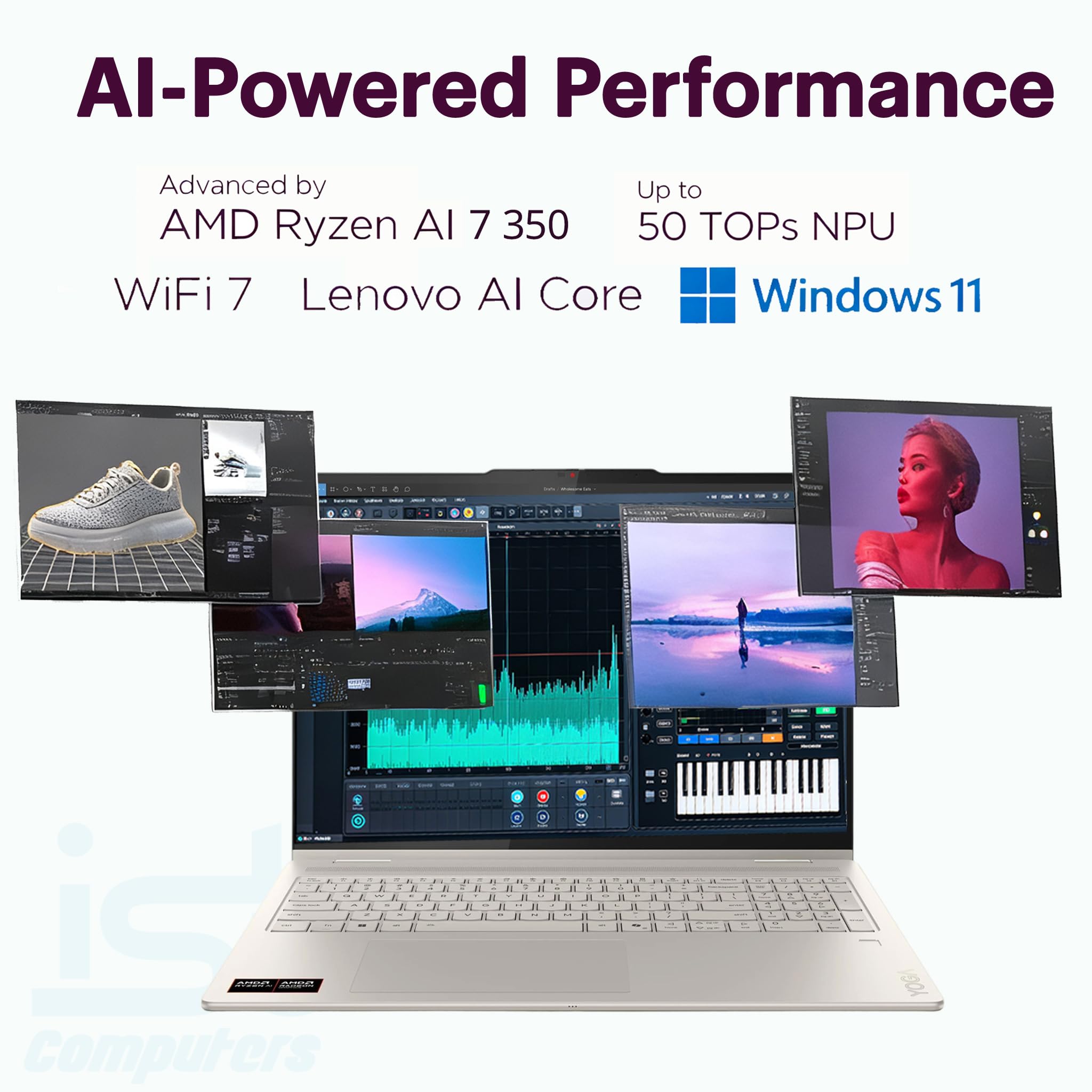 AI-Powered Performance  
Advanced by  
AMD Ryzen AI 7 350  
Up to 50 TOPs NPU  
WiFi 7  
Lenovo AI Core  
Windows 11