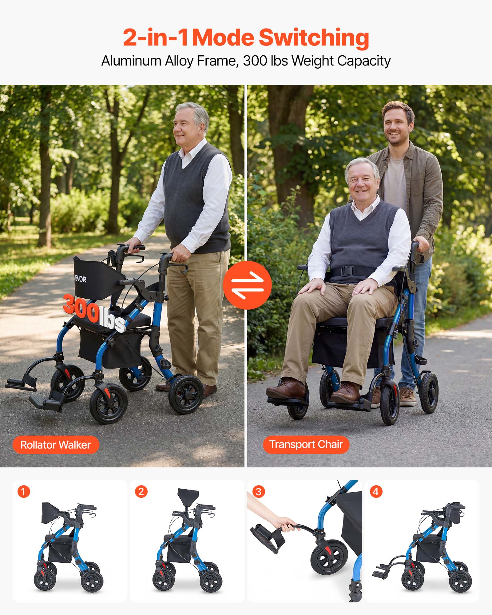 2-in-1 Mode Switching  
Aluminum Alloy Frame, 300 lbs Weight Capacity  

EVOR 300 lbs Rollator Walker Transport Chair  

1. Rollator Walker  
2. Transport Chair  

Steps:  
1.  
2.  
3.  
4.