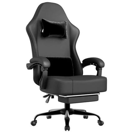 Front. Platinum-Level - Ergonomic PU Leather Gaming Chair with Pocket Springs and Footrest - Black.