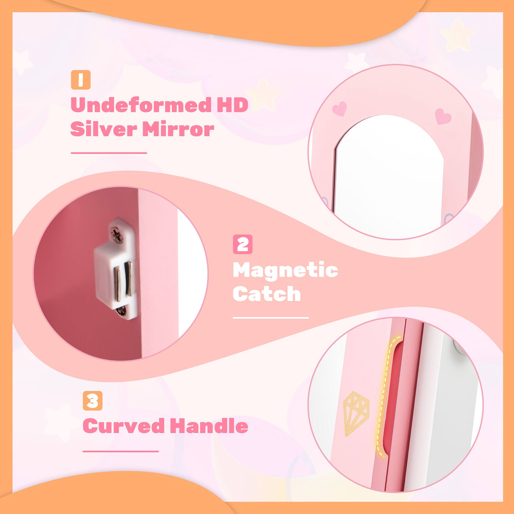 1. Undeformed HD Silver Mirror  
2. Magnetic Catch  
3. Curved Handle