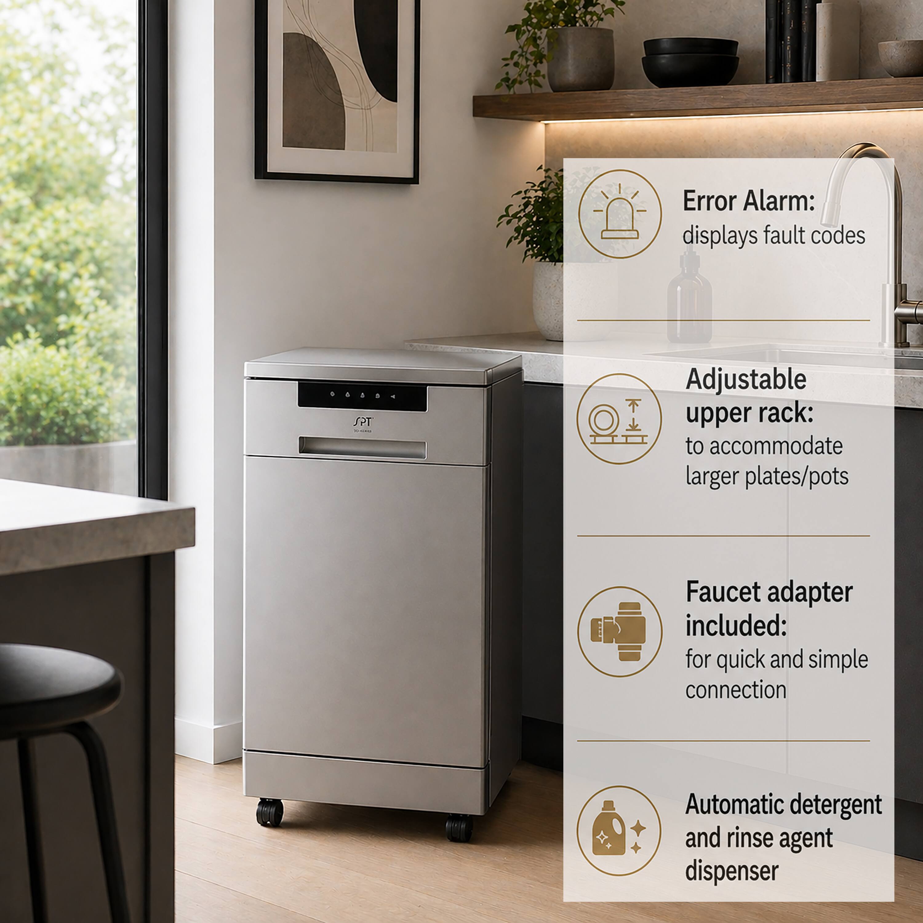 - Error Alarm: displays fault codes
- Adjustable upper rack: to accommodate larger plates/pots
- Faucet adapter included: for quick and simple connection
- Automatic detergent and rinse agent dispenser