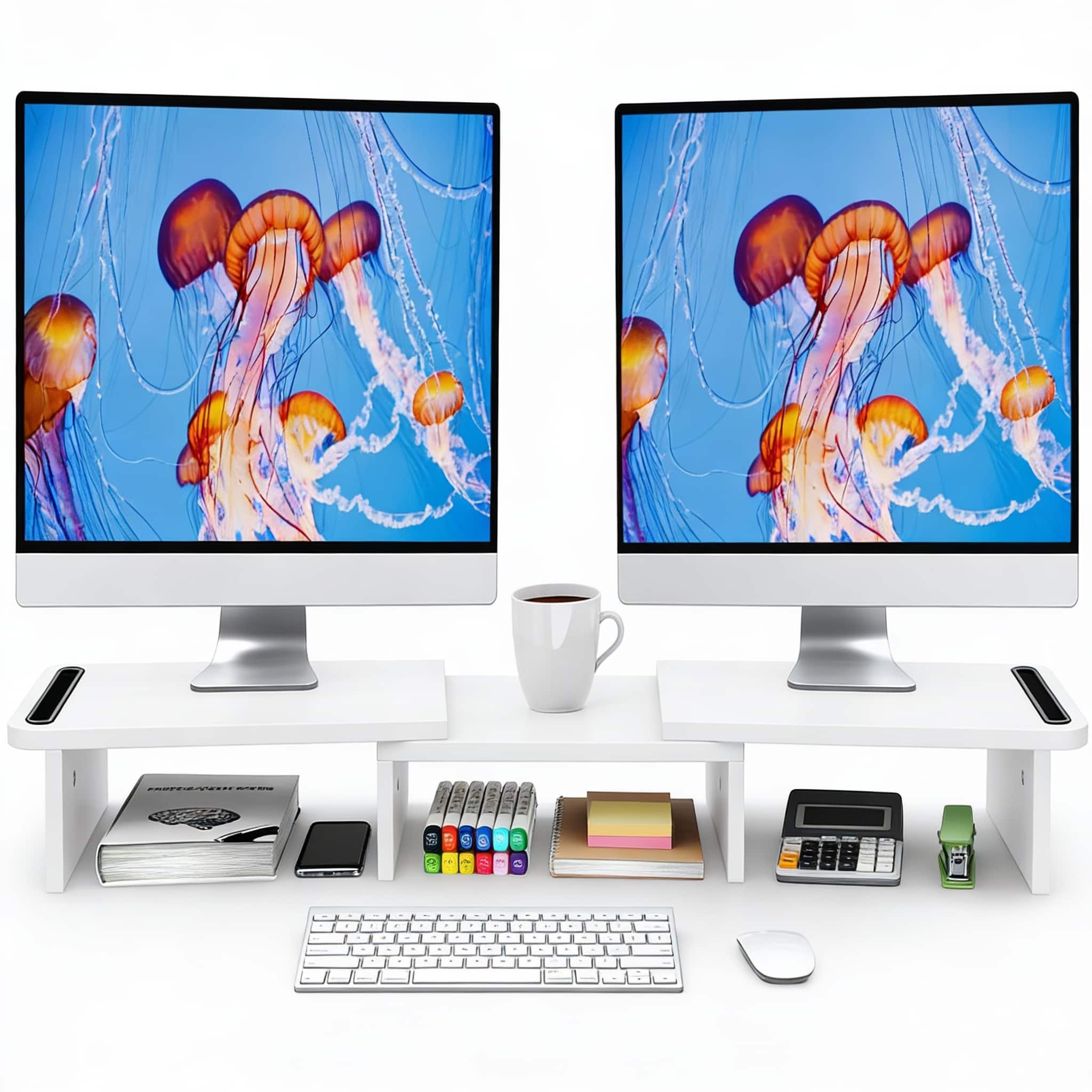 Frangdom - Dual Monitor Riser Adjustable Wood Desk Stand Storage - White