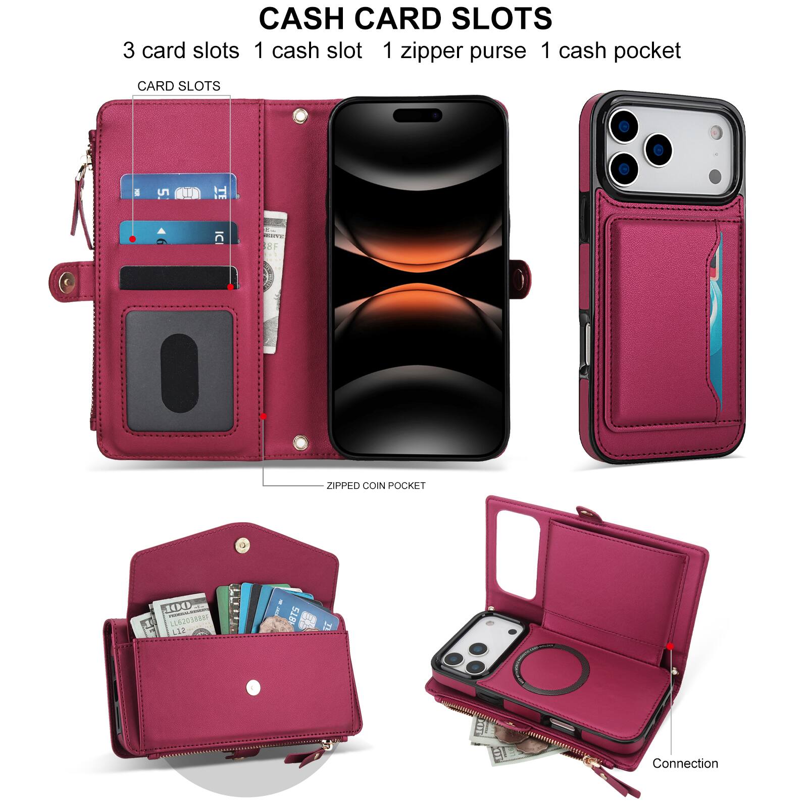 CASH CARD SLOTS  
3 card slots  
1 cash slot  
1 zipper purse  
1 cash pocket  

CARD SLOTS  

ZIPPED COIN POCKET  

Connection