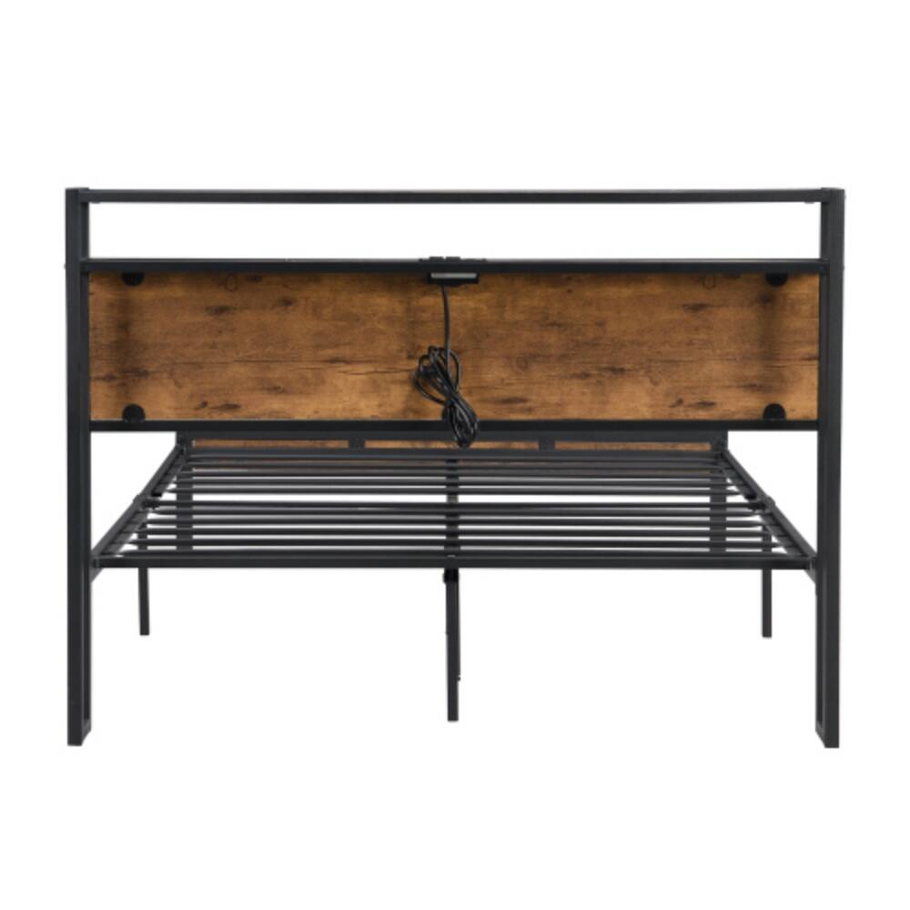 Left. LUCKY ONE - Full Size Metal Platform Bed Frame with Wooden Headboard and Footboard, USB Ports, No Box Spring Needed - Black.