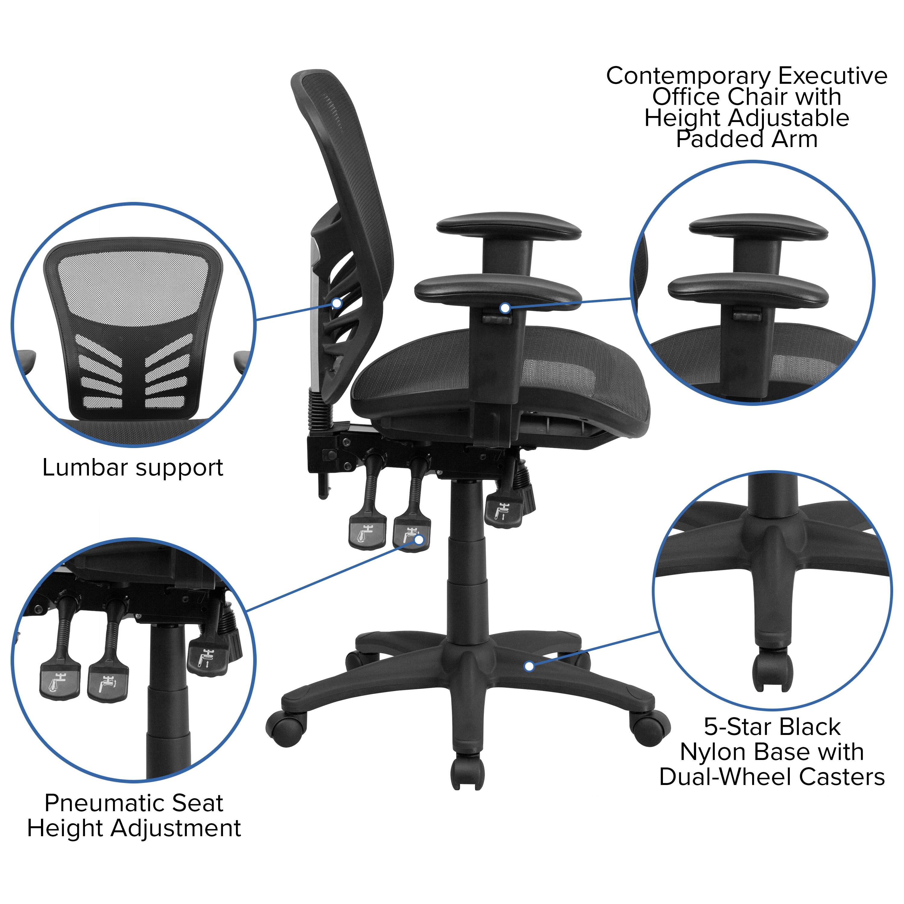 Contemporary Executive Office Chair with Height Adjustable Padded Arm  
Lumbar support  
Pneumatic Seat Height Adjustment  
5-Star Black Nylon Base with Dual-Wheel Casters
