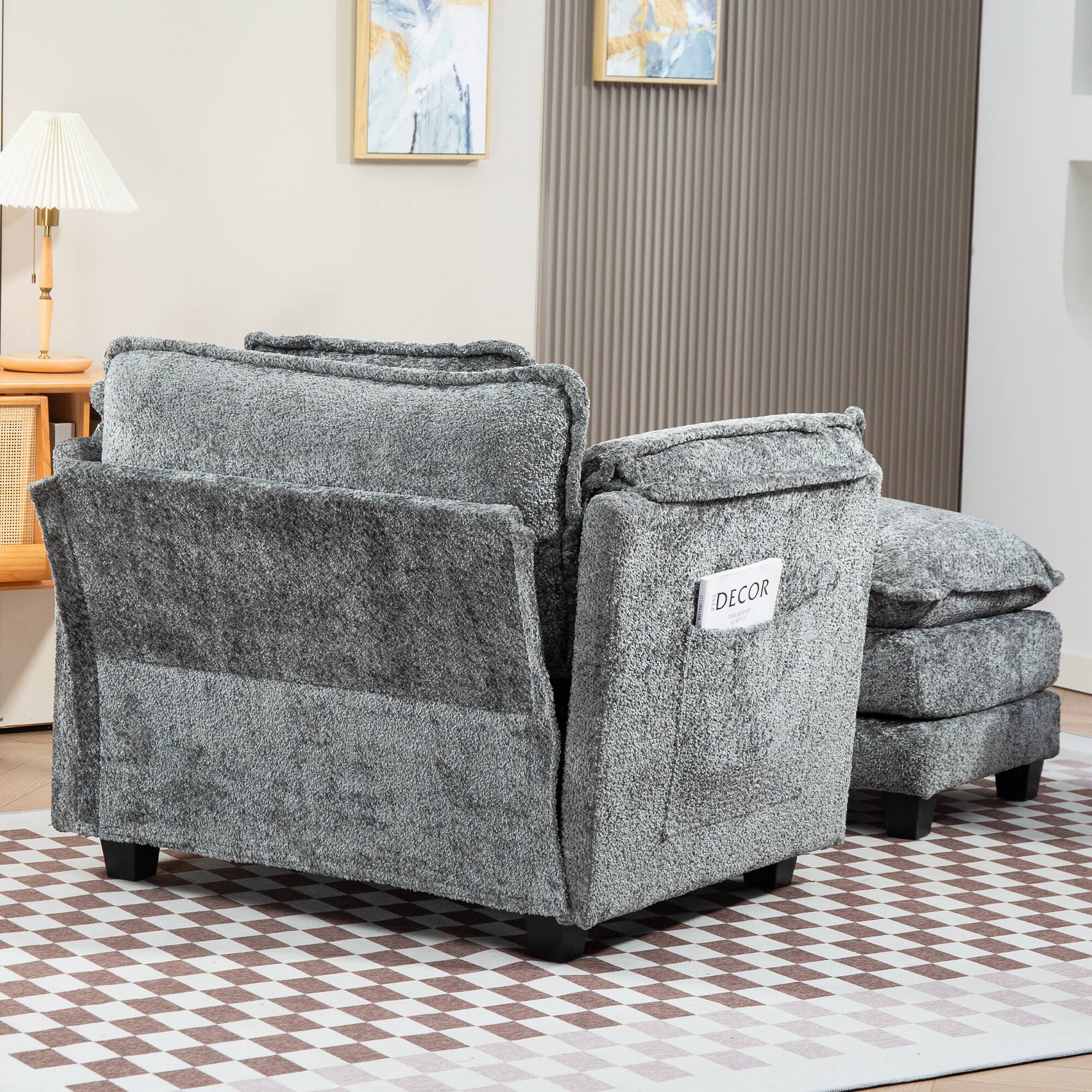 Back. LUCKY ONE - 55"x39" Oversized Boucle Single Sofa Bed with Wider seat - Dark Grey.