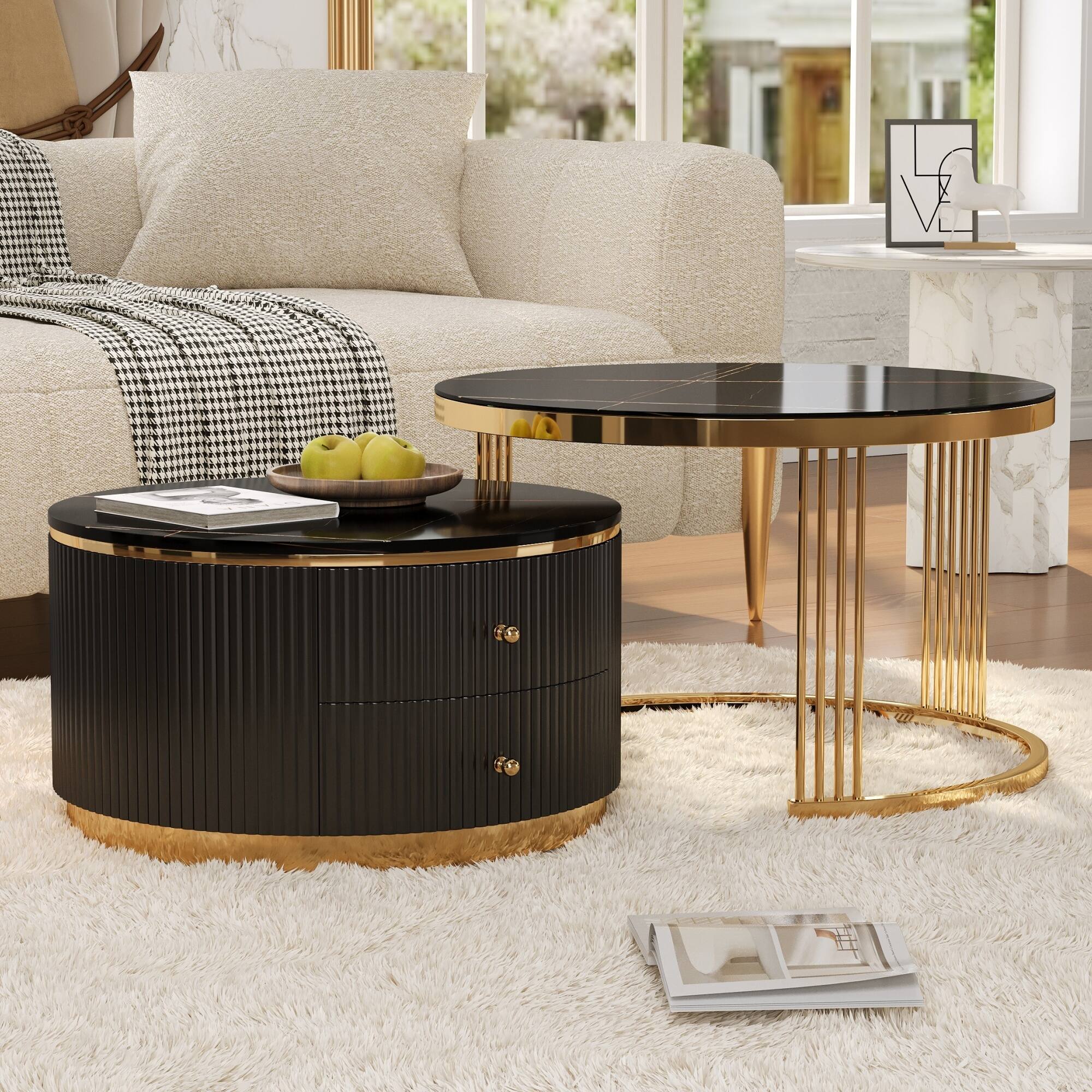 Alt View 1. Loheer - Modern 2-Piece Black Round Nesting Coffee Table with Drawers, Space-Saving Design & Hidden Storage, 27.6" - Black.