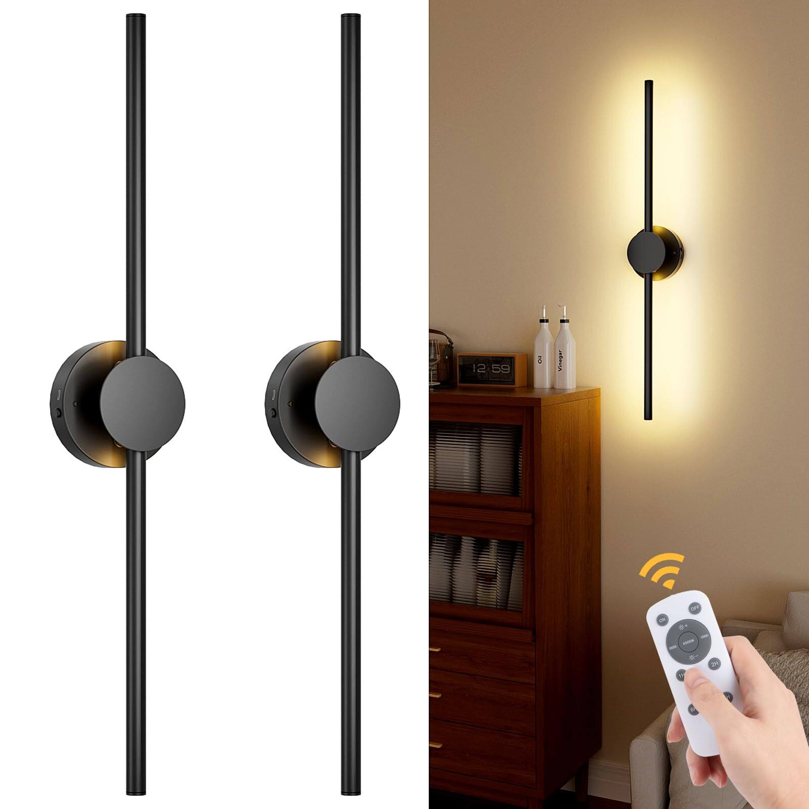 HM 1810 - Operated Wall Sconces With Remote Control Dimmable Rotatable Lamppost k k Led Modern Wireless Sconce For Li - Black 2 Pack