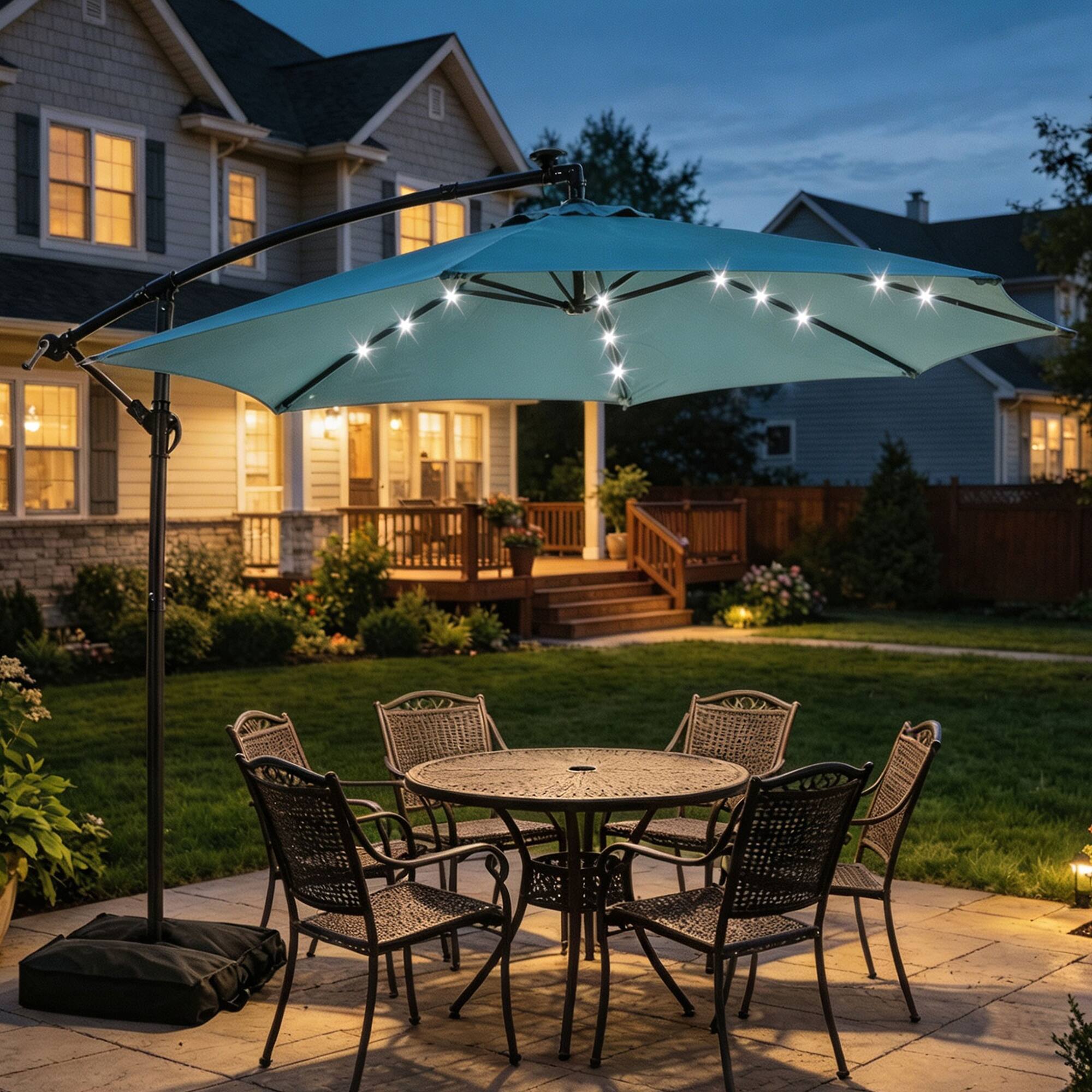 Angle. Ainfox - Ainfox 10FT Outdoor Patio Cantilever Umbrella Hanging Offset with Cross Base  Sand Bags & 24 LED Solar Lights - Blue.