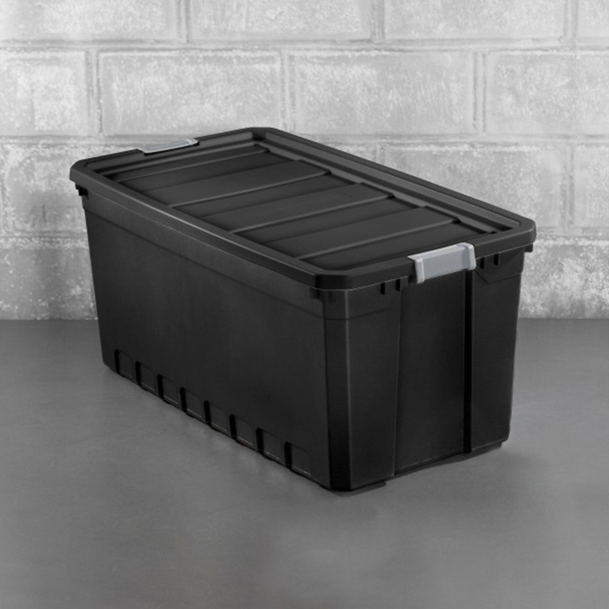 Alt View 2. Sterilite - Sterilite 50 Gal Rugged Industrial Stackable Storage Tote w/ Lid, Black, 6 Pack.
