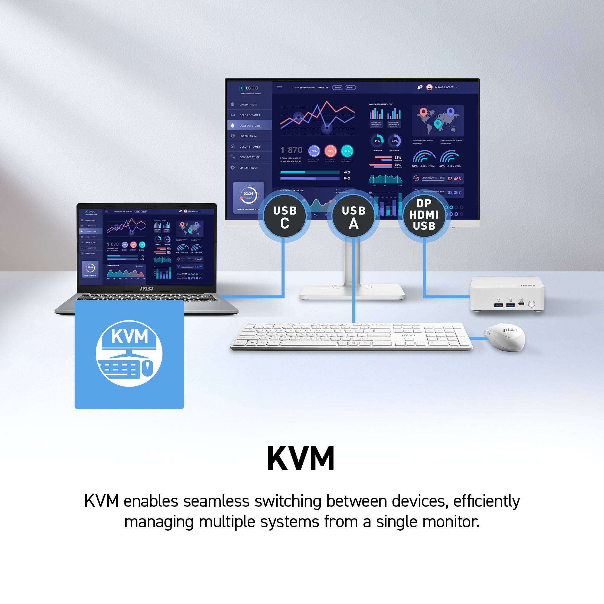 LOGO

Name nov.
LUMON
AMET
SIMMENTIVER
LOROR
20%
NET
RIJOE
1 870 m
0%
0%
12% 70%
0%
un
254
02:54
USB C
USB A
$2 361 DP 0000 HDMI 000 USB
msi
KVM

KVM enables seamless switching between devices, efficiently managing multiple systems from a single monitor.