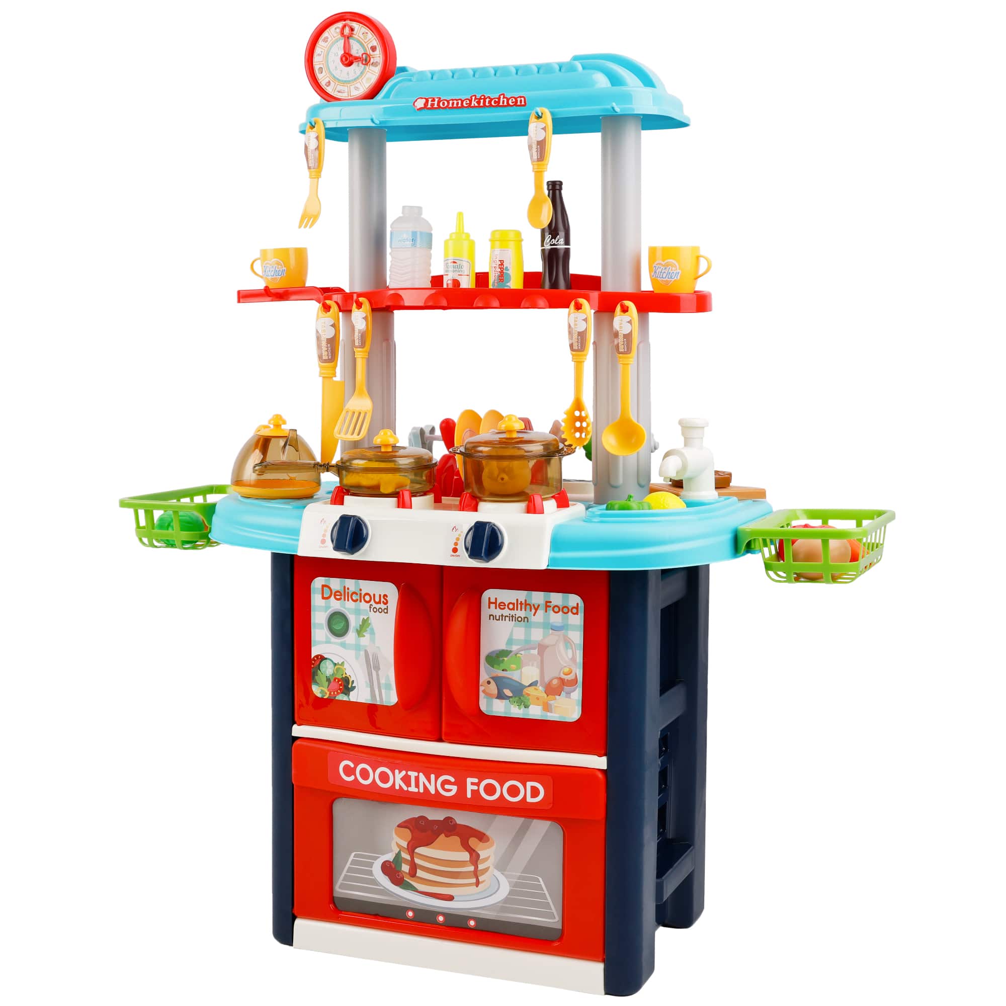 Topteng - Kids Kitchen Playset with Sound, Light & Spray - Blue Plastic Tableware Toy Set, Interactive Pretend Play for Toddler