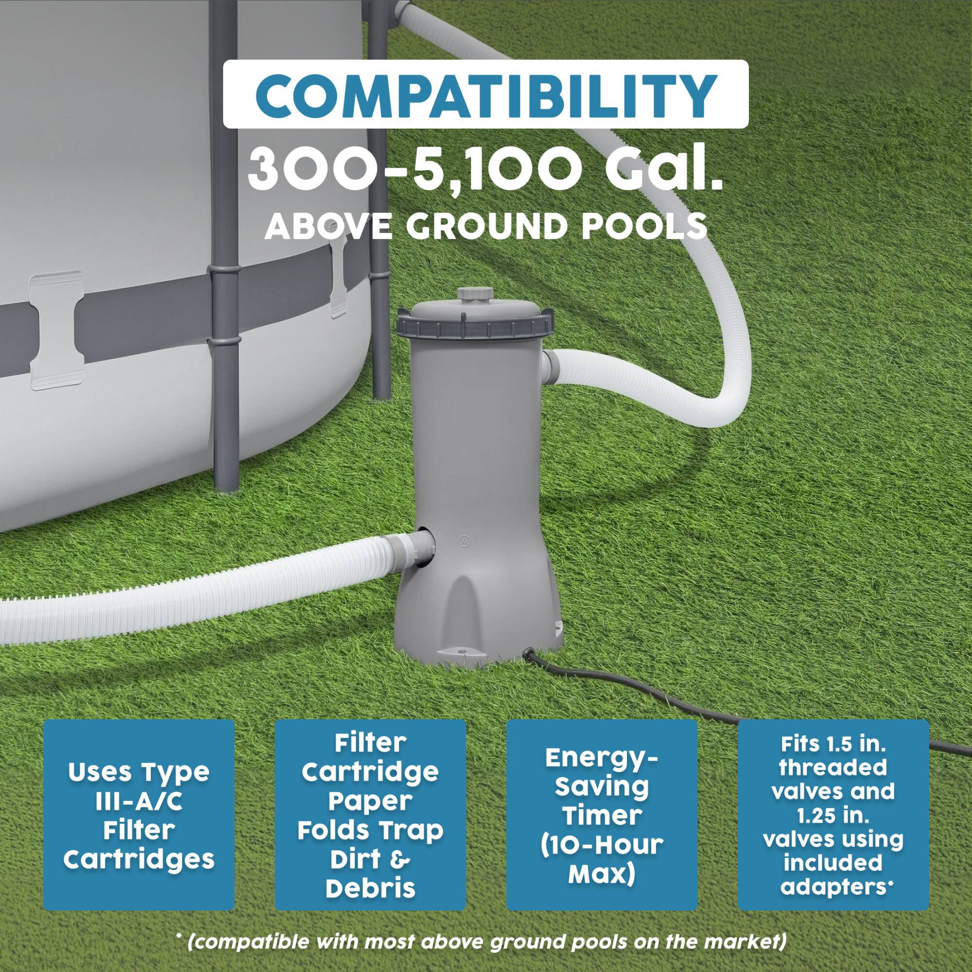 COMPATIBILITY  
300-5,100 Gal. ABOVE GROUND POOLS

- Uses Type III-A/C Filter Cartridges
- Filter Cartridge Paper Folds Trap Dirt & Debris
- Energy-Saving Timer (10-Hour Max)
- Fits 1.5 in. threaded valves and 1.25 in. valves using included adapters*  
*(compatible with most above ground pools on the market)