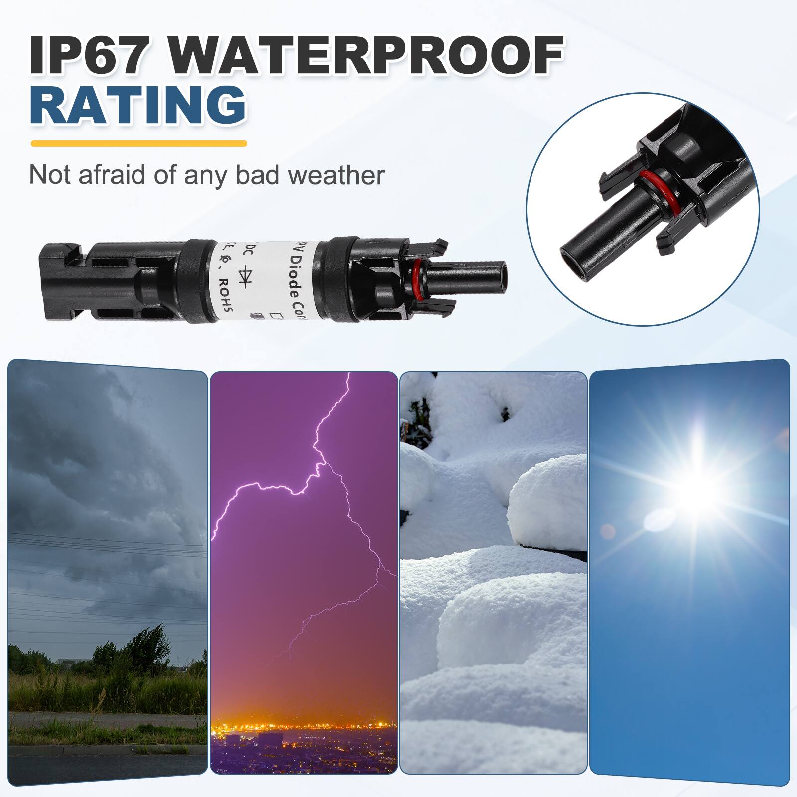 IP67 WATERPROOF RATING  
Not afraid of any bad weather  

DC  
ROHS  
PV Diode Con