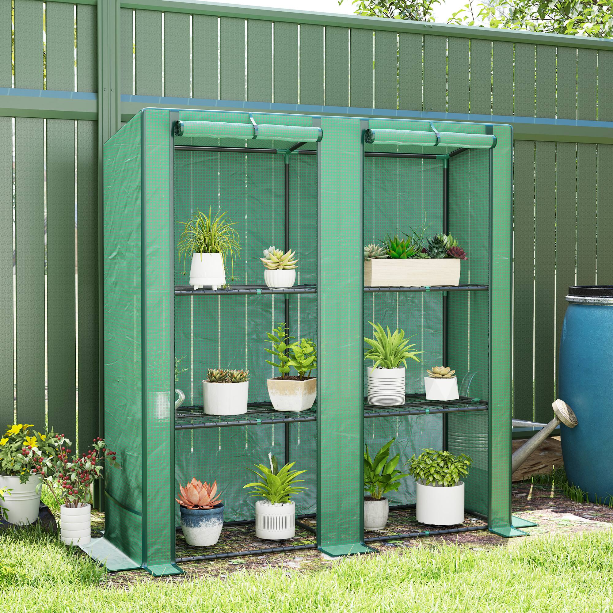 Alt View 1. Outsunny - Greenhouse with 3 Tier Shelves, Portable Greenhouse with PE Cover, 2 Roll-Up Doors.