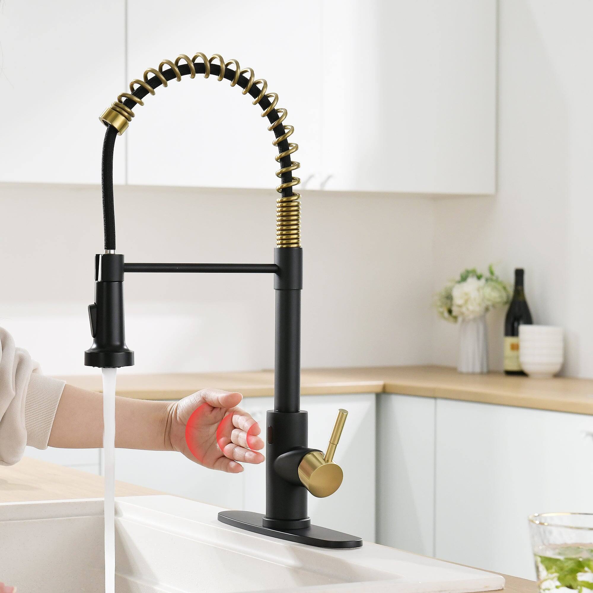 Alt View 10. Boyel Living - Black and Brushed Gold Single Handle Touchless Pull Down Kitchen Faucet with Deckplate Included - Black & Brushed Gold.