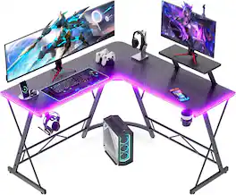 COQOOL - Gaming Desk with LED Lights, Computer Desk Home Office Desks with Large Monitor Stand, Carbon Fiber Surface, 51 Inch - Black