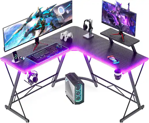 Front. COQOOL - Gaming Desk with LED Lights, Computer Desk Home Office Desks with Large Monitor Stand, Carbon Fiber Surface, 51 Inch - Black.
