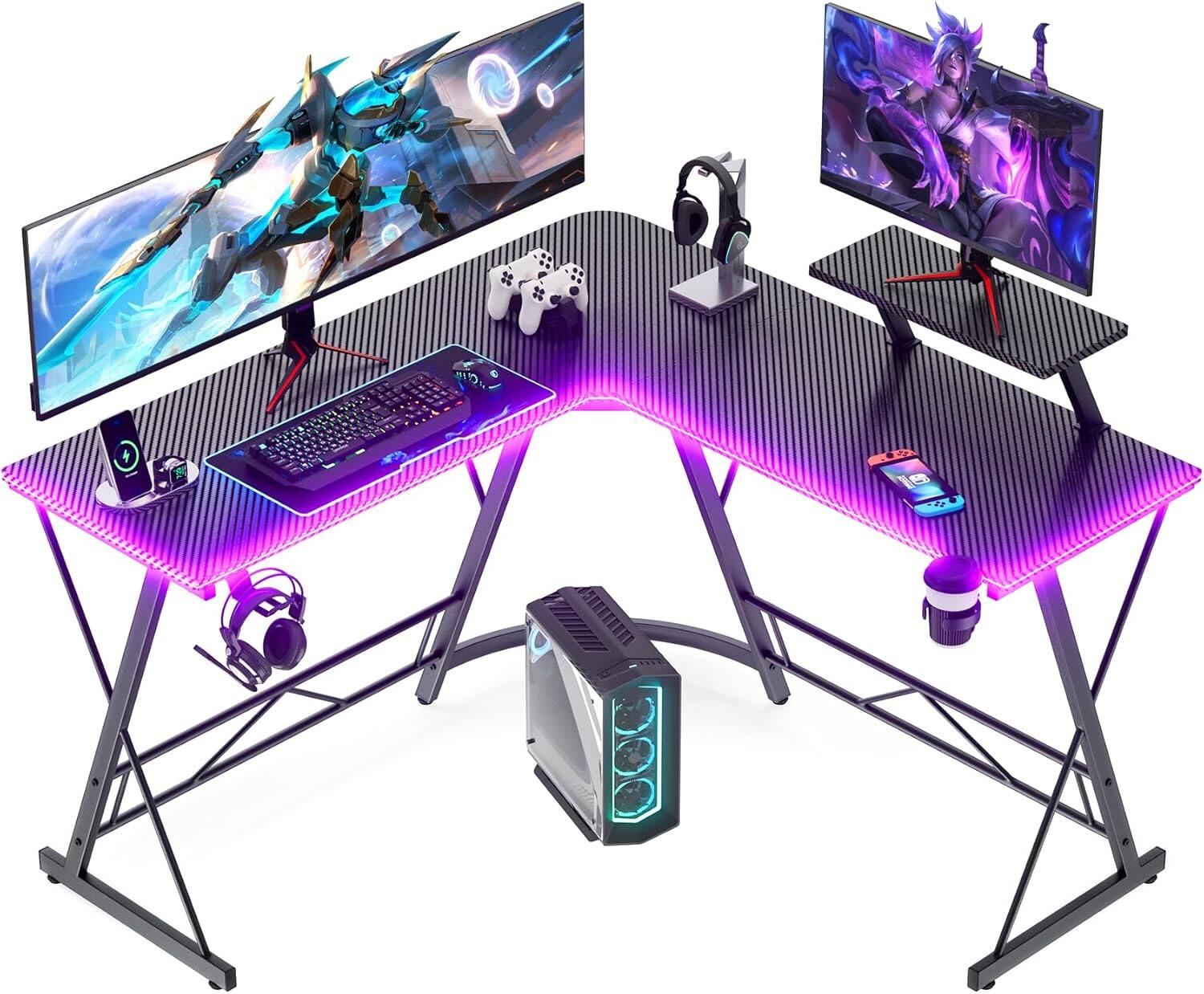Front. COQOOL - Gaming Desk with LED Lights, Computer Desk Home Office Desks with Large Monitor Stand, Carbon Fiber Surface, 51 Inch - Black.