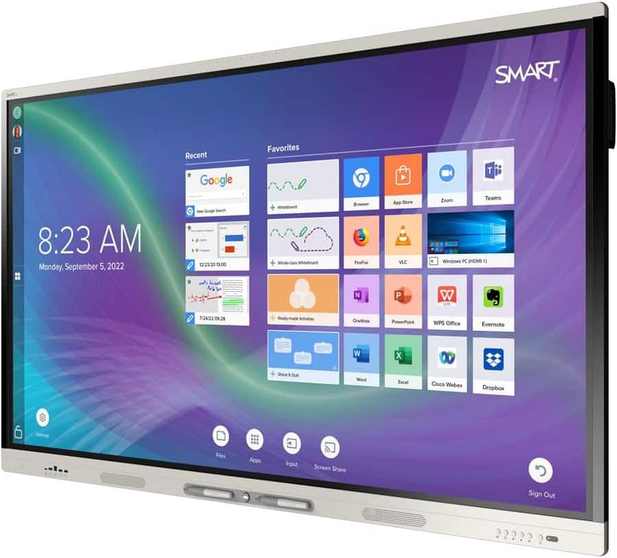 SMART
Recent Favorites
8:23 AM Monday, September 5, 2022
Google - Snoge Search
730 TSO0 Whiteboard Whole - wnauboare -ouer
Frofos App Store VLC 1 Teams Zoom Windows FC DOM B ut N P W 2:24/22 09:29
Readymade-Activities Amtukes Cnettuts PowerPoed WPS Office Everote + Shours Dur W Word x Excel 00 Cisce Weber Dropbox Files Apps Input Screen Share
Sign Out
Recent
Google
Whiteboard
Firefox
VLC
Windows PC (HDMI 1)
Readymade Activities
Short Out
Favorites
Whiteboard
White-cas-White
OneNote
PowerPoint
WPS Office
Evernote
Word
Excel
Cisco Webex
Dropbox
Browser
App Store
Zoom
Teams
N
P
W
W
X
W
Sign Out