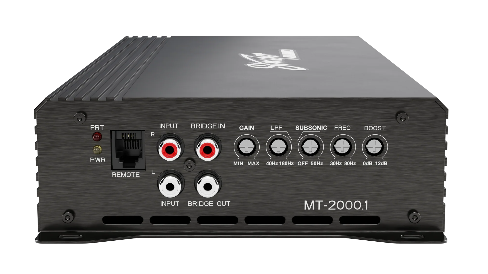 PRT INPUT BRIDGE IN GAIN LPF SUBSONIC FREQ BOOST PWR REMOTE L MIN MAX 40Hz 180Hz OFF 50Hz 30Hz 80Hz 0dB 12dB INPUT BRIDGE OUT MT-2000.1