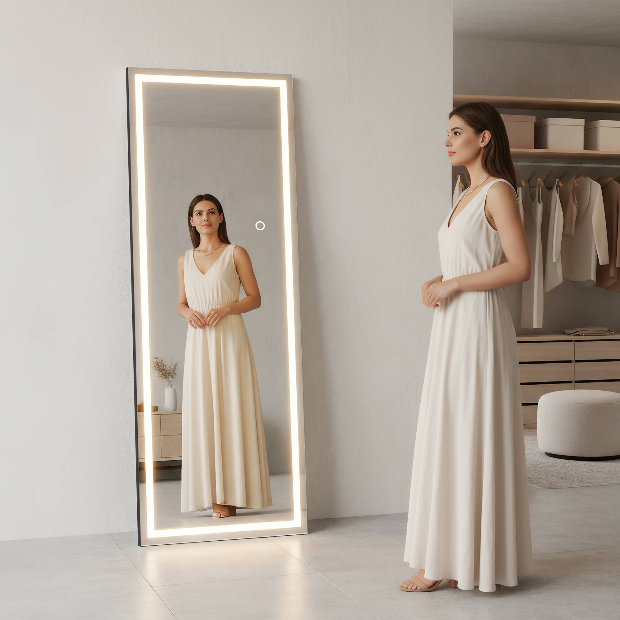 Left. Spaco - Spaco 67 x 24 Rectangle Frameless Full-Length Tempered Mirror with Adjustable 3-Color LED Light - Black.