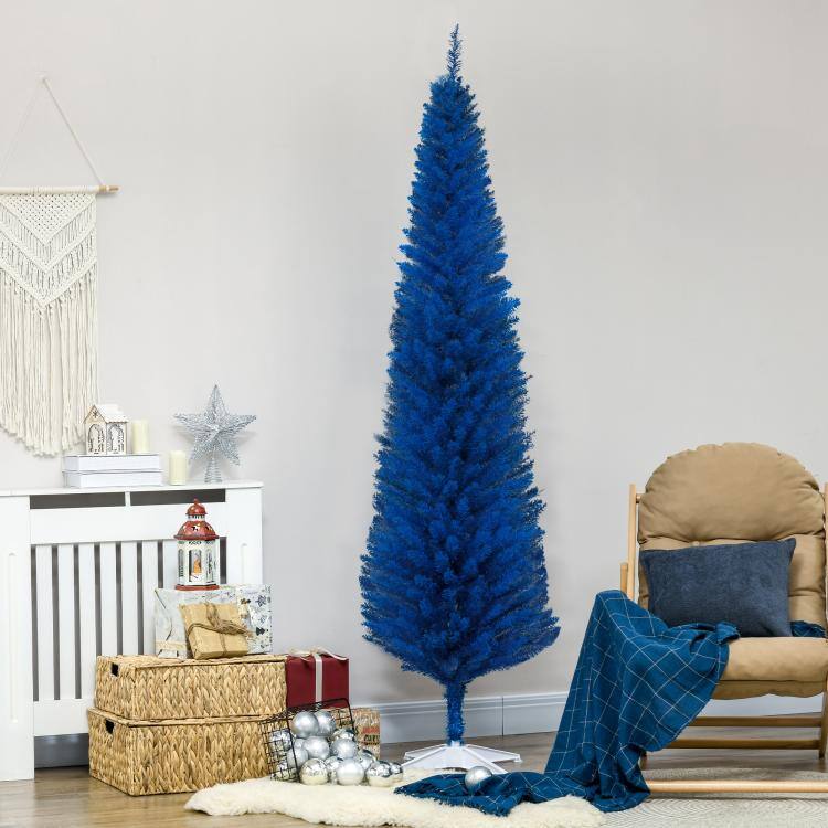 Alt View 2. PULUZ - 7FT Decorated Christmas Tree, Pencil Christmas Tree with 499 Realistic Branch Tips and Plastic Stand - Blue.