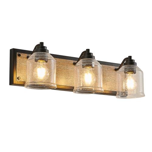 Alt View 4. LUCKY ONE - 23in Wall Mount Vanity Light, 3-Light Farmhouse Black Wood Sconce with Seeded Glass Shades - Black.