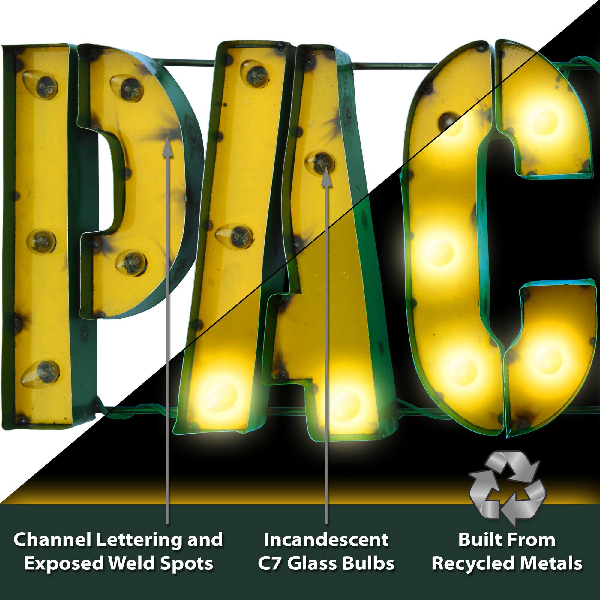 Channel Lettering and Exposed Weld Spots  
Incandescent C7 Glass Bulbs  
Built From Recycled Metals