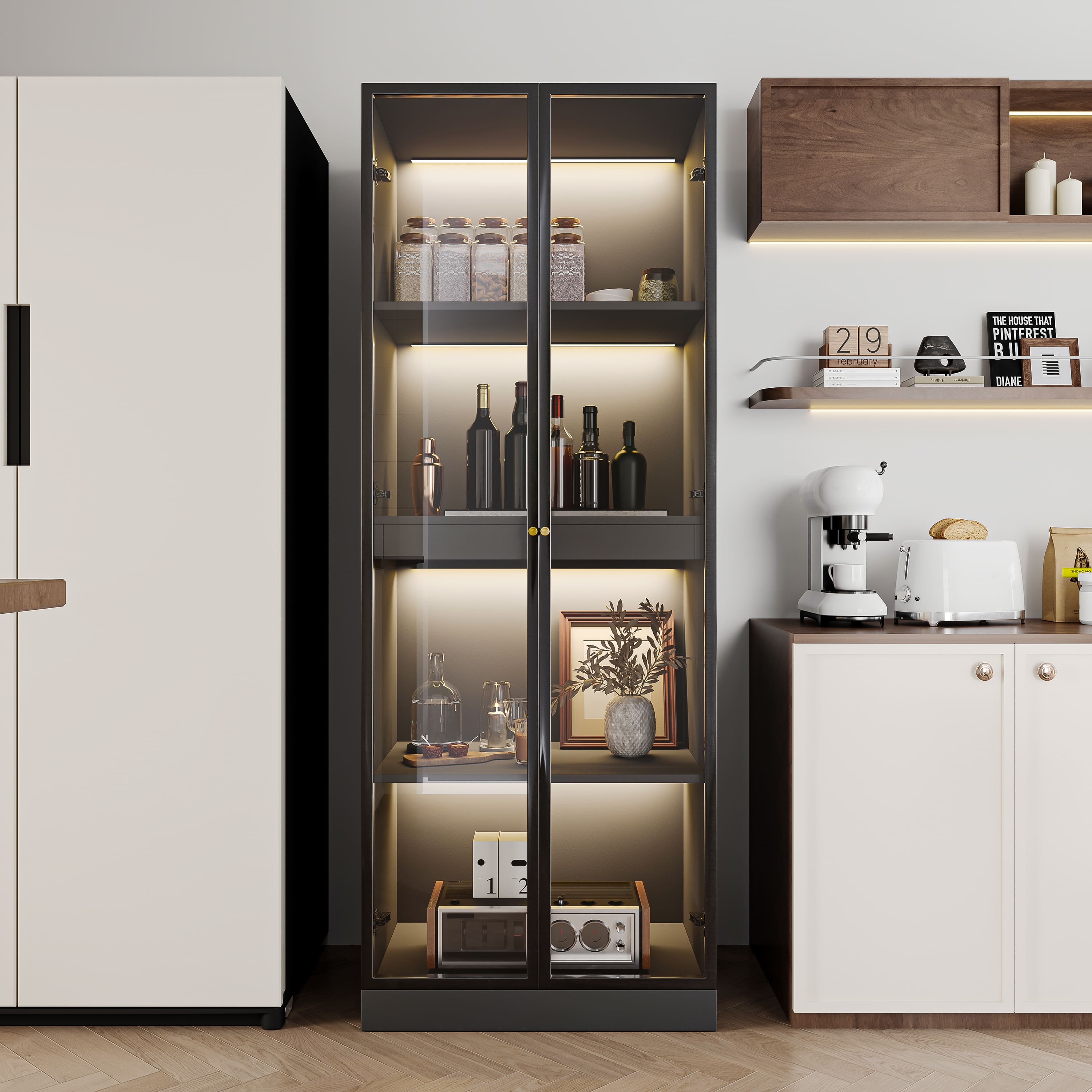 MSOOB - 23.6" Glass Display China Cabinet With Pull-Out Bar Shelf, Dining Cabinet With Glass Doors and Wireless LED Light - Black