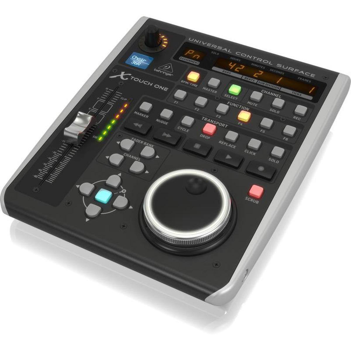 SM UNIVERSAL CONTROL SURFACE  
Pn HOURS 42 MINUTES 2 SECONDS  
BEHRINGER  
TOUCH ONE  
CHANNEL SOLO  
MARKER  
TRANSPORT  
CYCLE  
DROP  
REPLACE  
CLICK  
SCRUB  
F1 SELECT  
F2 FUNCTION  
F3 REC  
F4 NUDGE  
F5 FADER BANK  
F6  
CHANNEL SOLO  
MASTER  
MUTE  
SOLO  
REC  
TICKS  
BEATS  
FRAMES  
RPM  
AALAMENT  
36R  
CHORUS  
X-TOUCH ONE